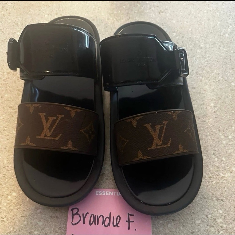 Louis Vuitton Black Slides with Brown Monogram Strap
